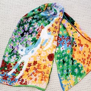 Cocoon House 100% Silk Vtg. 62" Vibrant Floral+Blue Cat Scarf, EUC